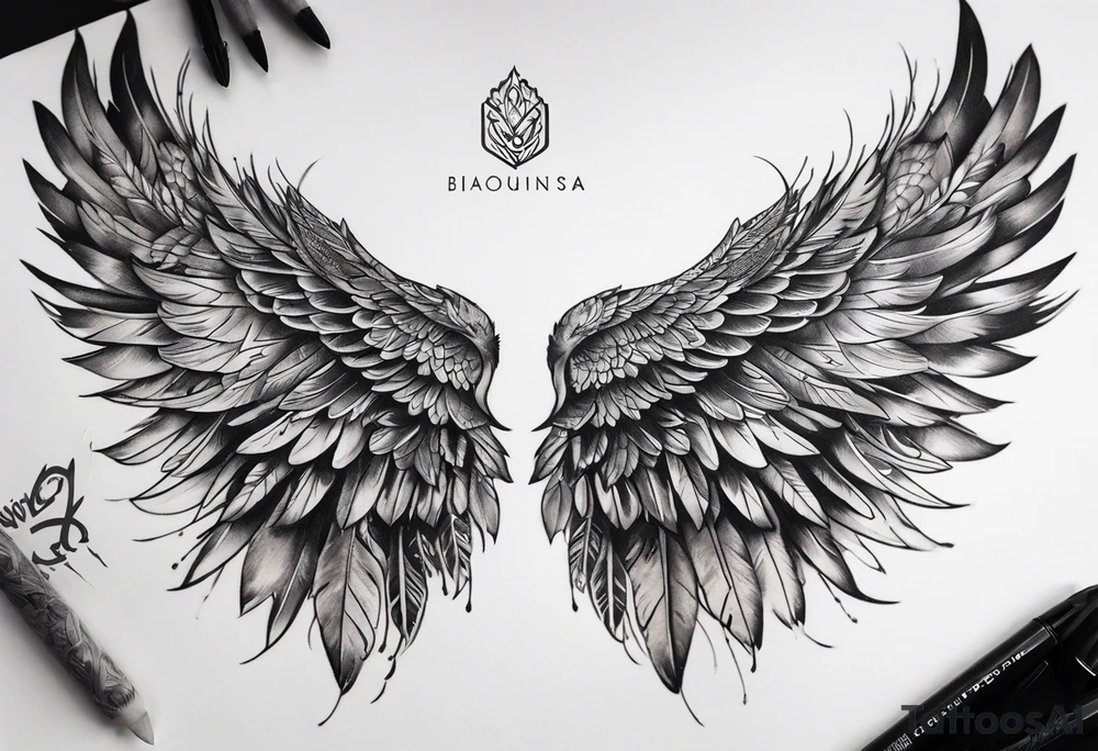 wings tattoo extending from a mens shoulders, covering the upper arms and upper back. The feathers are intricately detailed, with soft shading in black and gray to create depth and texture. tattoo idea