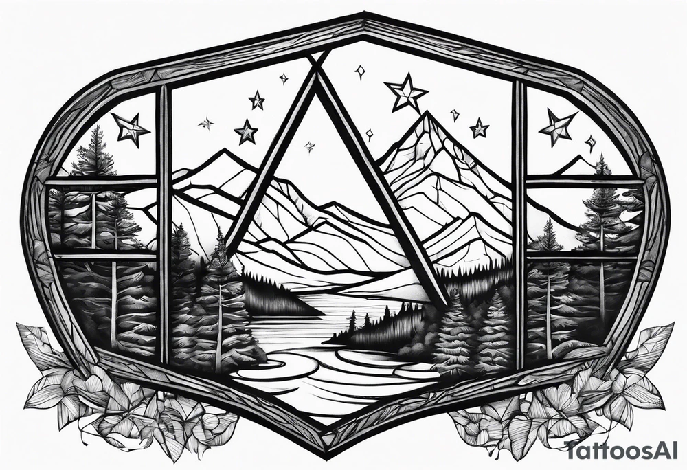 A diamond window showing 3 stars above a mountain. Waves underneath, trees to the sides tattoo idea