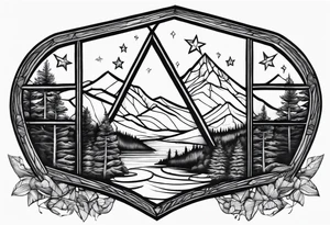 A diamond window showing 3 stars above a mountain. Waves underneath, trees to the sides tattoo idea