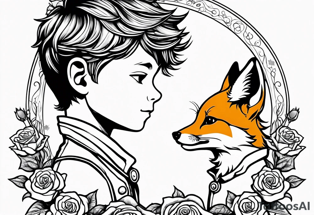 Little prince with fox on his planet with rose tattoo idea