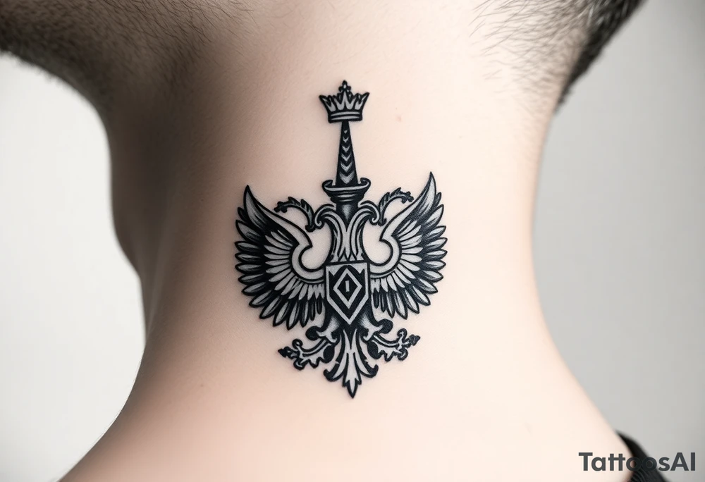 St. George, 3 russian imperial crowns above the Russian coat of arms double eagle and sitting above its wingspan sitting just above Kremlin or St. Basil's Cathedral scene  on the side of my neck tattoo idea
