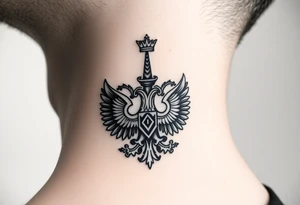 St. George, 3 russian imperial crowns above the Russian coat of arms double eagle and sitting above its wingspan sitting just above Kremlin or St. Basil's Cathedral scene  on the side of my neck tattoo idea