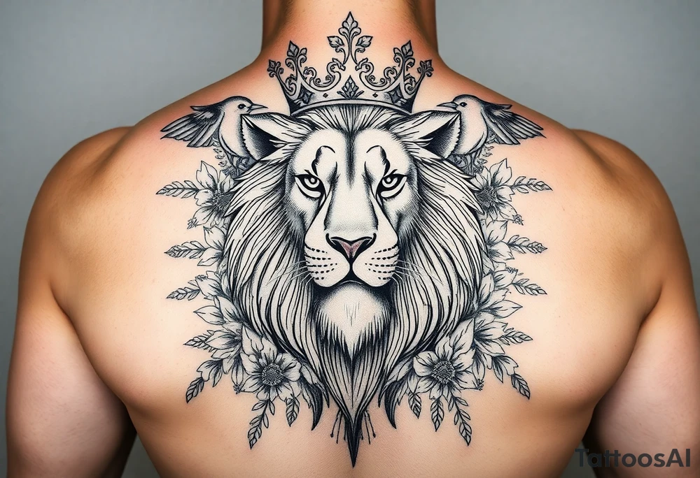 powerful majestic lion with a crown, surrounded by floral ornaments and birds tattoo idea