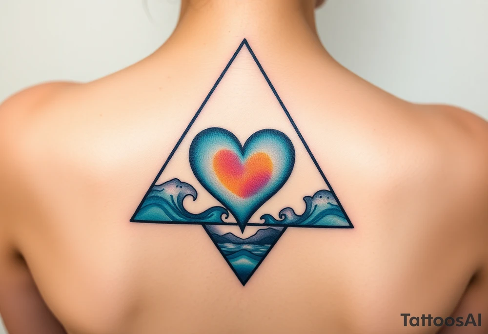 A triangle with a big heart in the center with an ocean travel theme tattoo idea