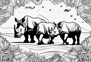Fineline minimalistic tattoo with African continent, rhino, camping which indicates adventure spirit, symbol of strength,  motherhood, pisces starts, lotus tattoo idea