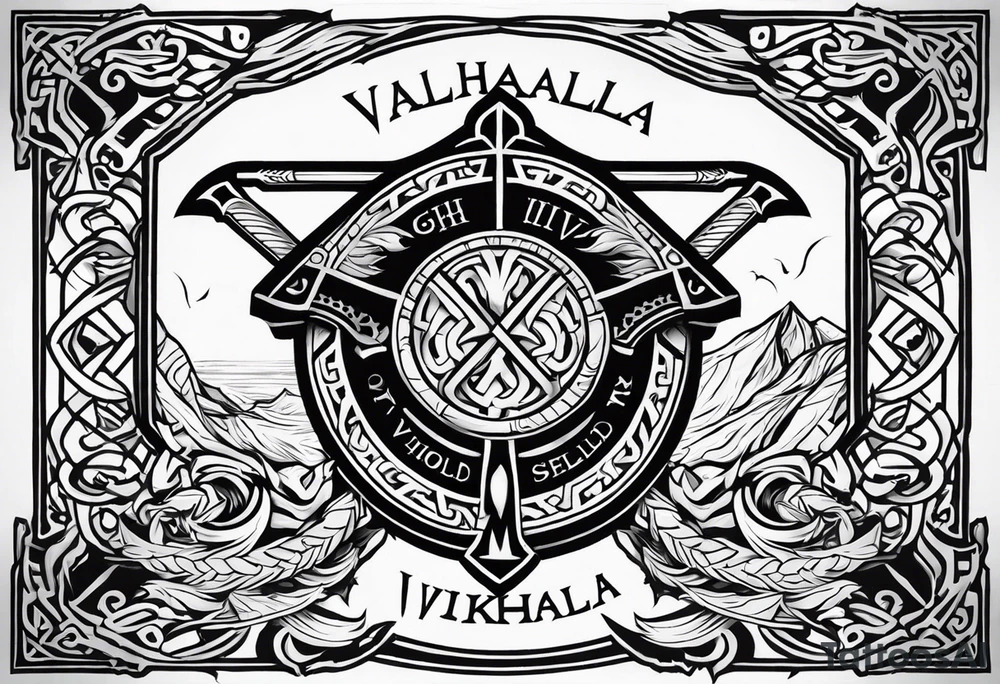 Valhalla viking gods shield hatchet sword tattoo idea