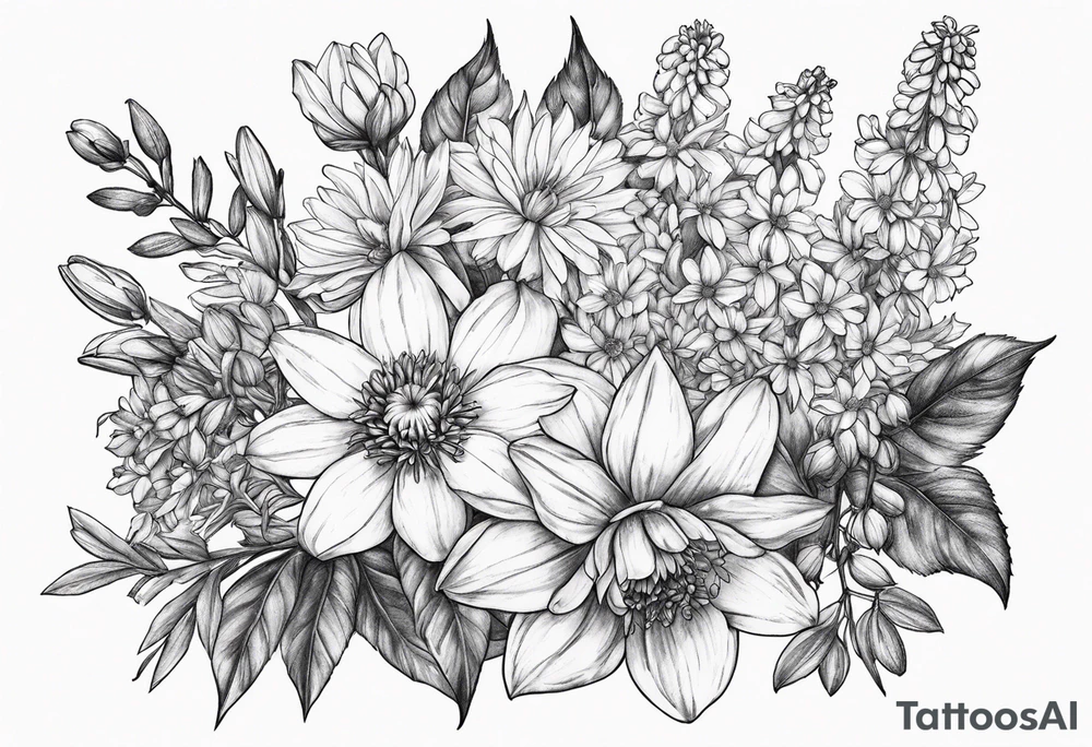 Aster and larkspur bouquet tattoo idea