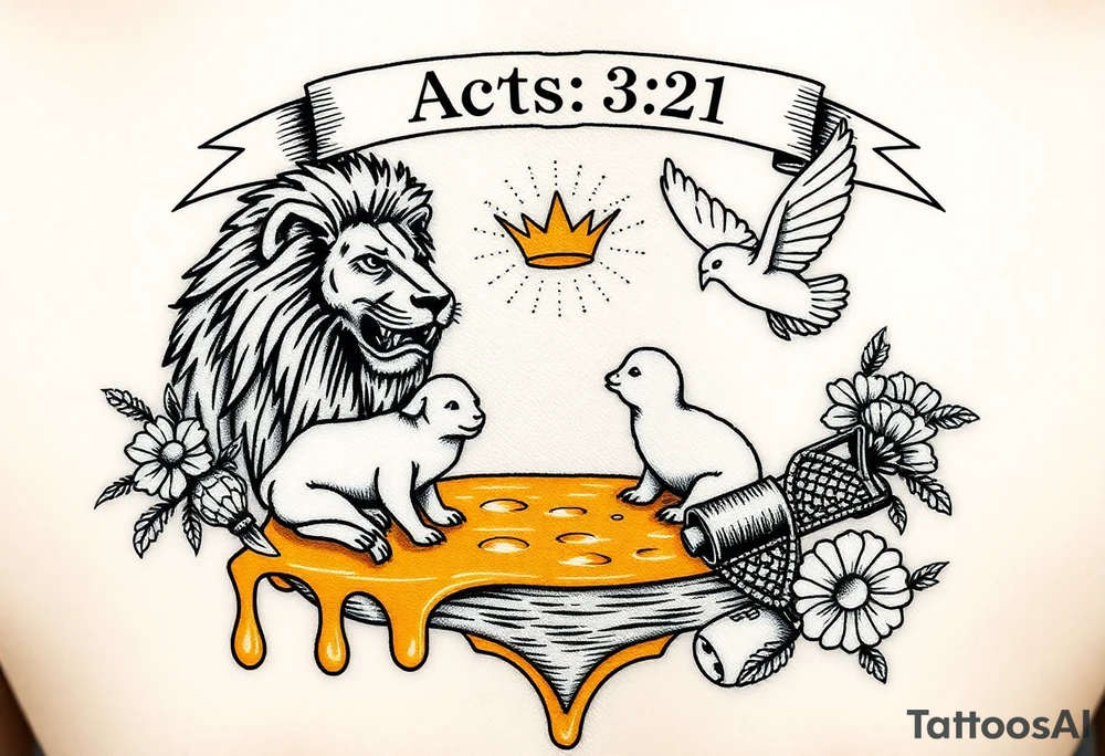 Make a honeycomb dripping honey flowing into a river and lake.  Make a lion, lamb, and dove playing in and by the honey lake.  Make the lion, lamb, and dove playing with and protecting honeybees, a crown, a golden nugget, an ancient hammer, and a harp with melodies.  Make a dna helix in the honey lake. Make an acts 3:21 banner over the tattoo tattoo idea