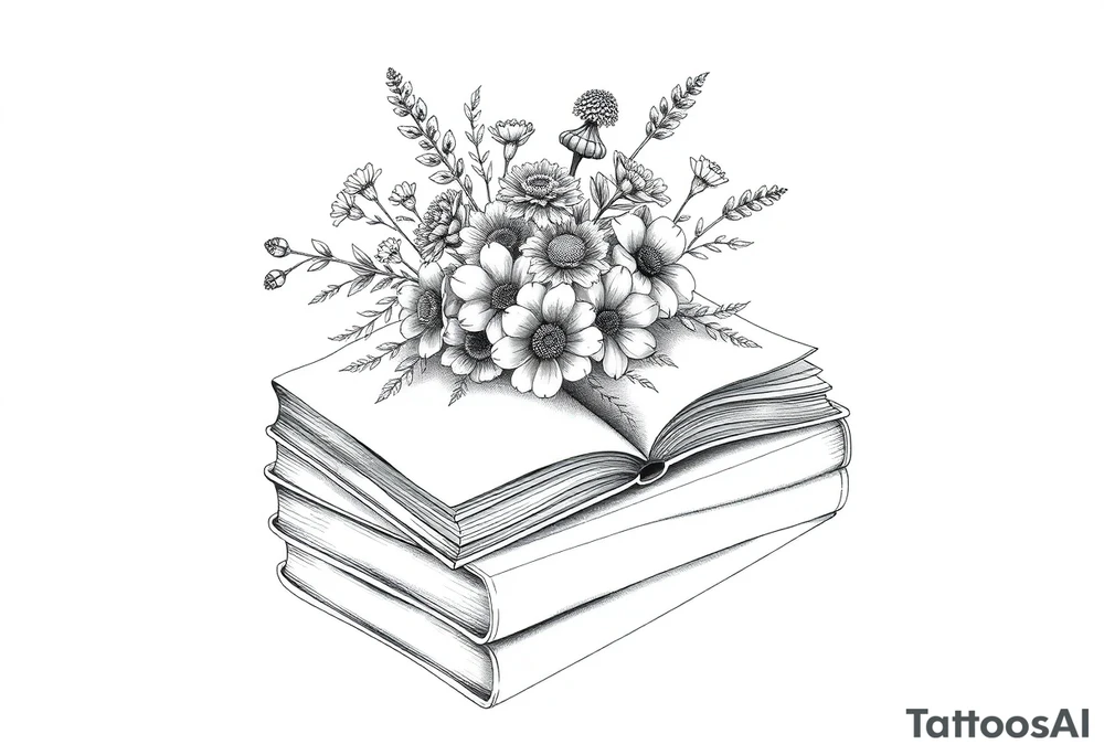stack of 3 vintage books top book open with bouquet of different kinds of wild 
flowers coming out of it tattoo idea