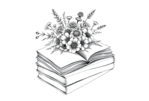 stack of 3 vintage books top book open with bouquet of different kinds of wild 
flowers coming out of it tattoo idea