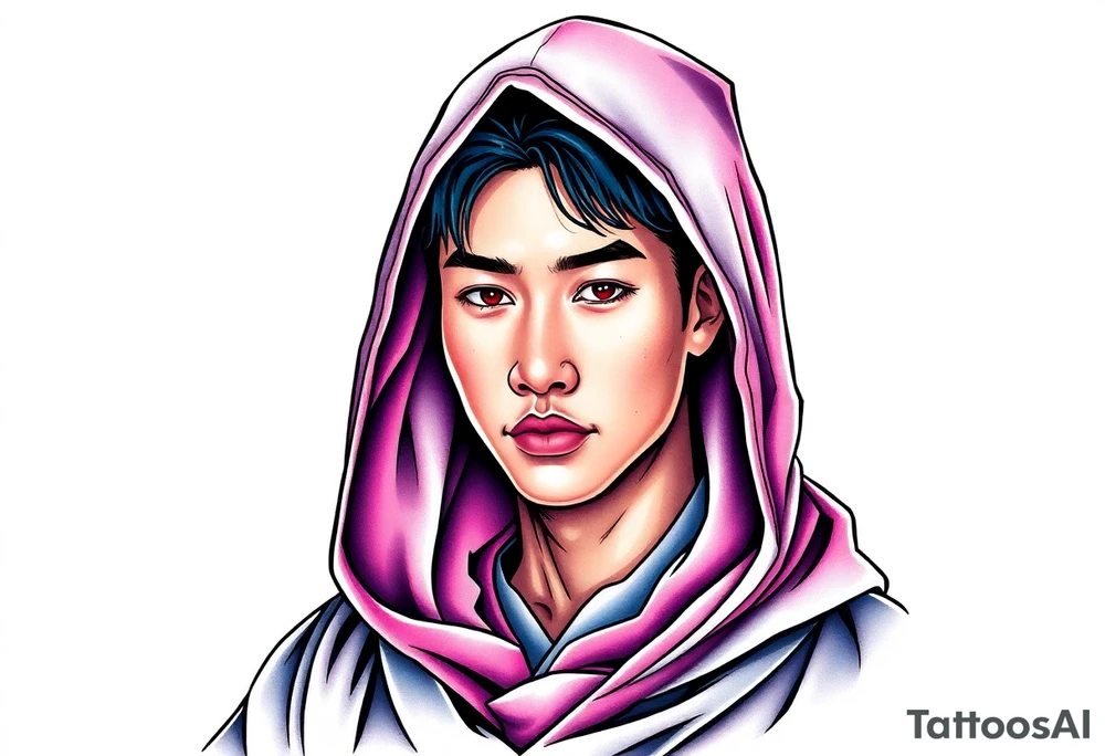 Handsome Asian young guy wearing a medieval robe with hood tattoo idea