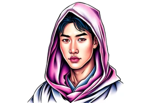 Handsome Asian young guy wearing a medieval robe with hood tattoo idea