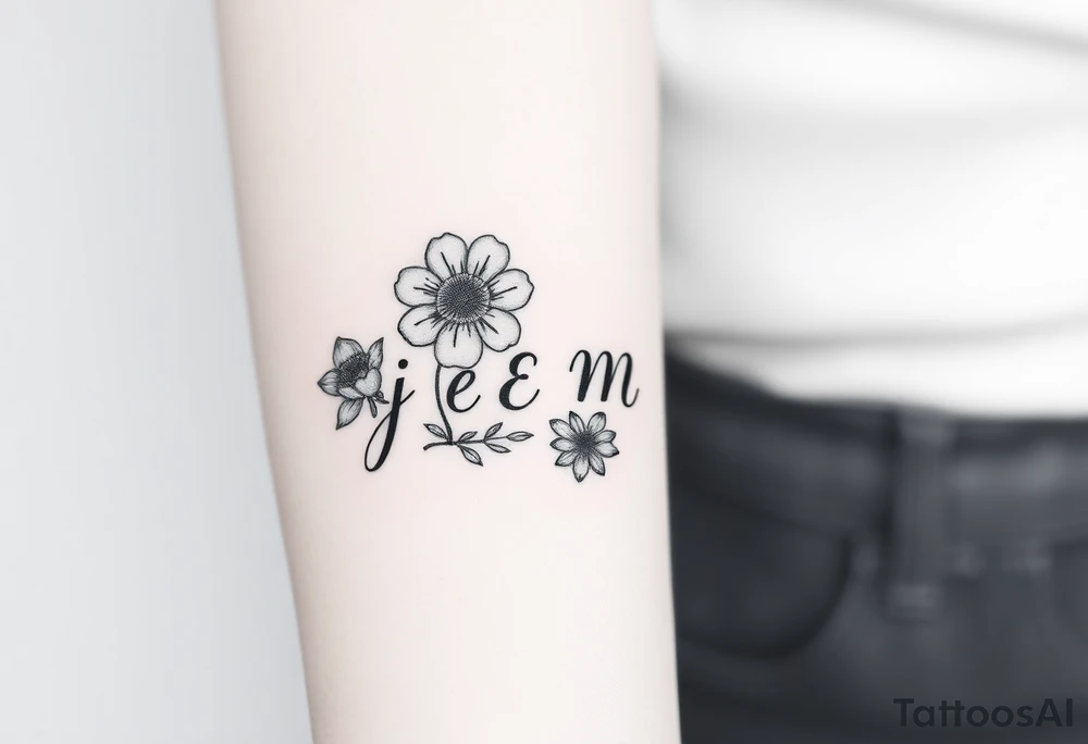 4 flowers with the initials j e m m tattoo idea
