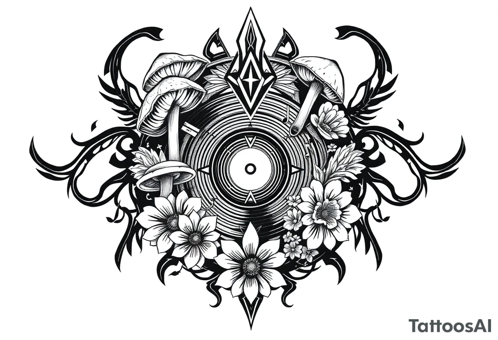 vinyl record with mushrooms, flowers, and music notes tattoo idea