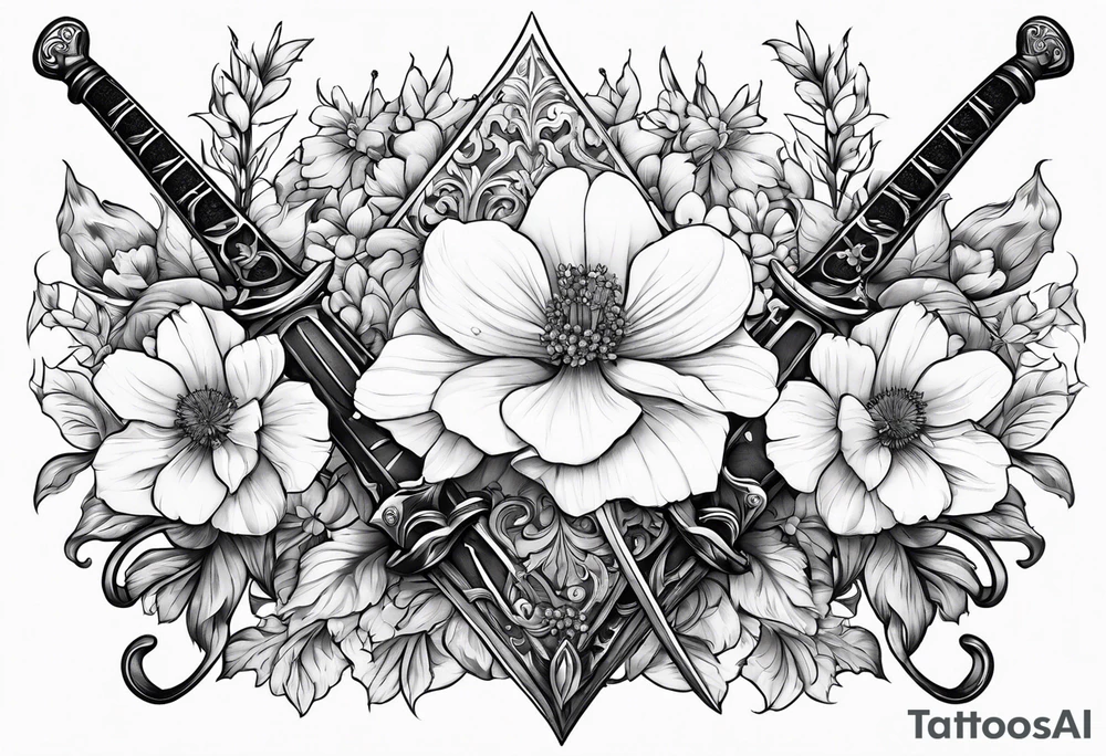Sword with January, May and June birth flowers wrapped around it. tattoo idea