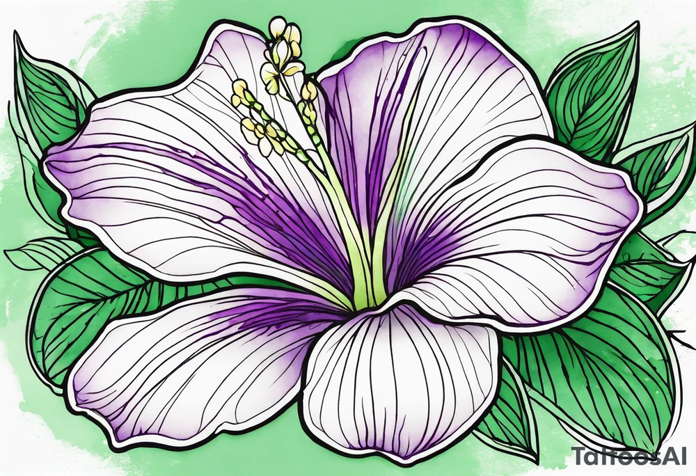 An outline of a rio dipladenia flower with a green and purple watercolor background tattoo idea