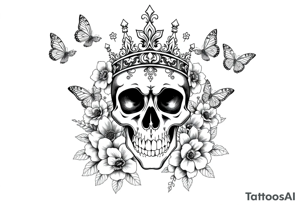 ornate skull adorned with gorgeous crown surrounded by boho flowers and butterflies tattoo idea