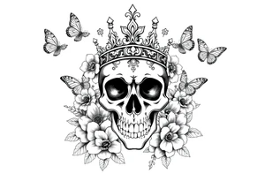 ornate skull adorned with gorgeous crown surrounded by boho flowers and butterflies tattoo idea