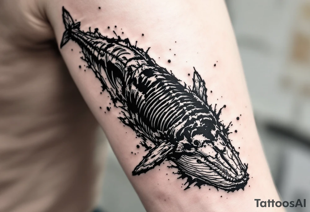 I press on toward the goal for the prize of the upward call of God in Christ Jesus. represented by a whale moving upwards. idea is basically a whale that's damaged and torn exposing the skeletal innerts, but it's still fiercely moving forward as hard as it can. tattoo idea