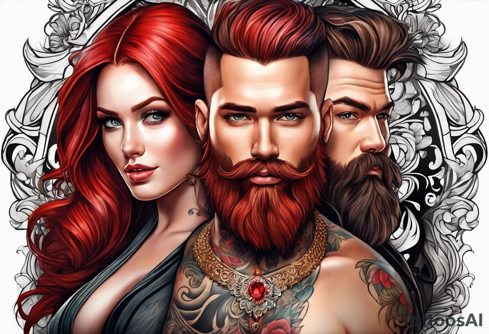 Busty red haired woman with a bearded man who has black hair tattoo idea