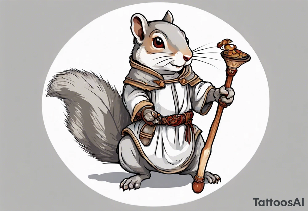 a grey squirrel with hazel eyes dressed in a medieval tunic holding a large white stick tattoo idea