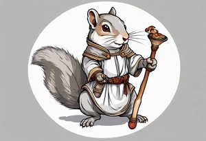 a grey squirrel with hazel eyes dressed in a medieval tunic holding a large white stick tattoo idea