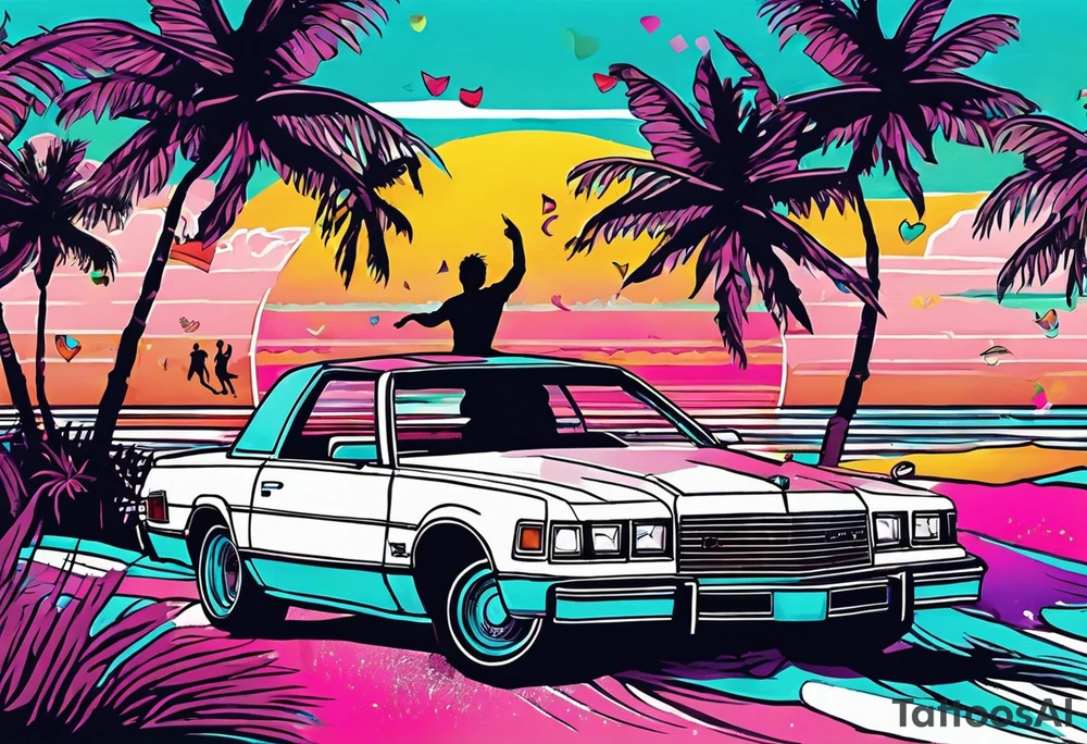 1980's miami vice style beach dance 
party, include confetti, music notes, boom box tattoo idea