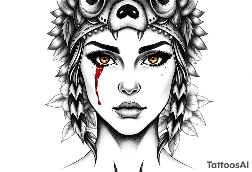 Young Symmetrical Beautiful Woman, looking forward, with colored eyes, shedding a tear, with battle scars and blood on face, with soft look, wearing a mean looking bear headdress on head, with flower background tattoo idea