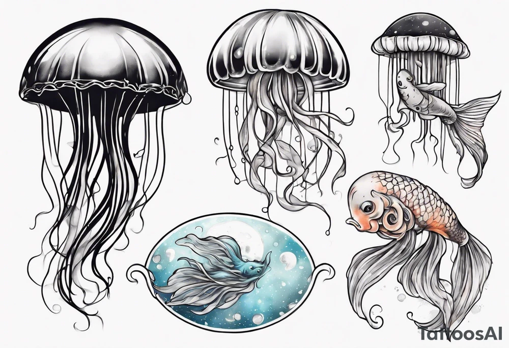 1 jellyfish with the moon in the lid. Then with mini koi carp and jellyfish swimming amongst the tentacles tattoo idea