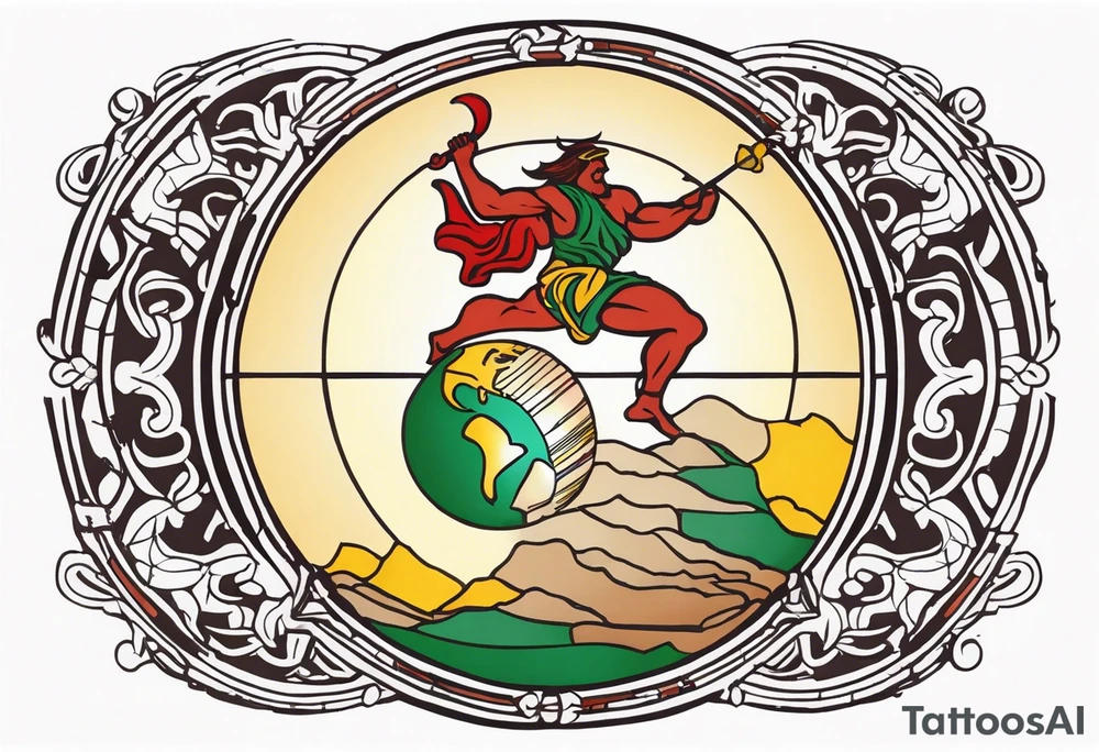 Traditional American tattoo of atlas carrying the world on his back, try to keep the colors to a minimum; red, green, brown, yellow tattoo idea