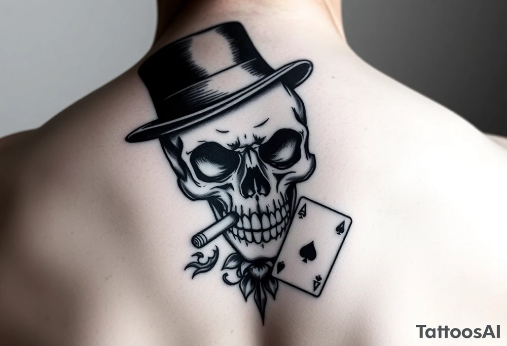 skull with top-hat,cigar in his mouth and playing cards. tattoo idea