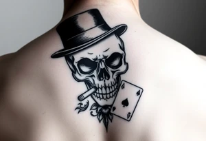 skull with top-hat,cigar in his mouth and playing cards. tattoo idea