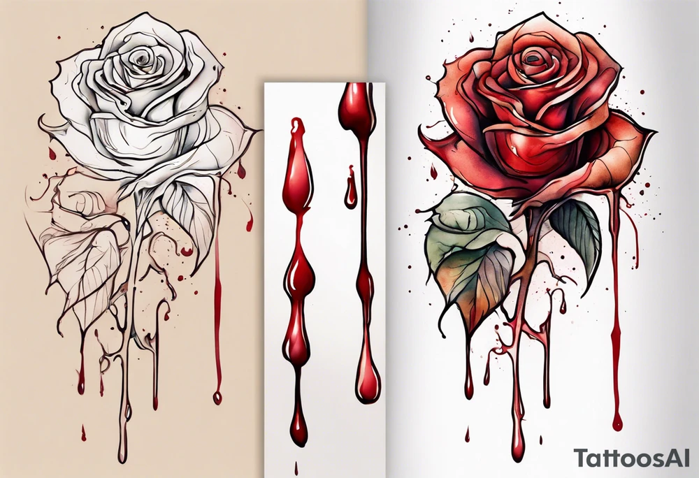 rose flower, one line, red blood dripping from the flower, tall, watercolor on light brown skin tattoo idea