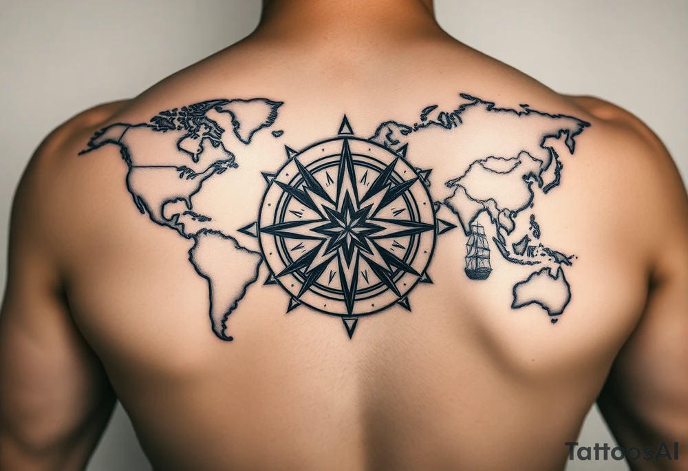 antique compass rose overlaid on weathered world map with sailing ships tattoo idea