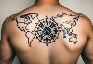 antique compass rose overlaid on weathered world map with sailing ships tattoo idea