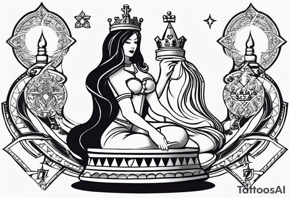chess queen piece with two pawns on her side with spiritual motifs overhead tattoo idea
