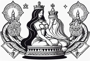 chess queen piece with two pawns on her side with spiritual motifs overhead tattoo idea