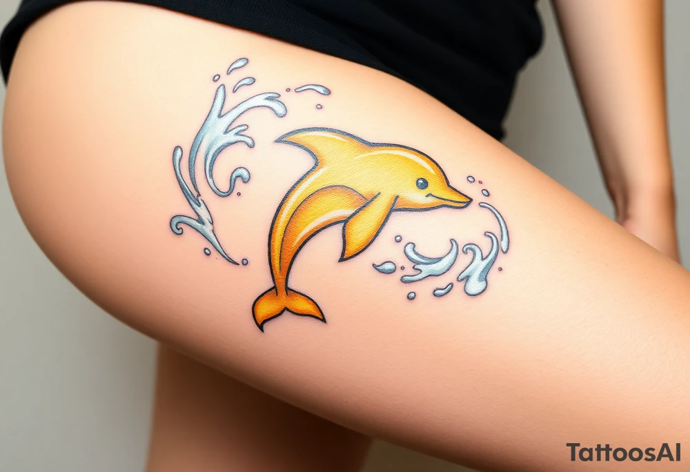 A golden dolphin silhouette, surrounded by swirling white and silver water splashes tattoo idea