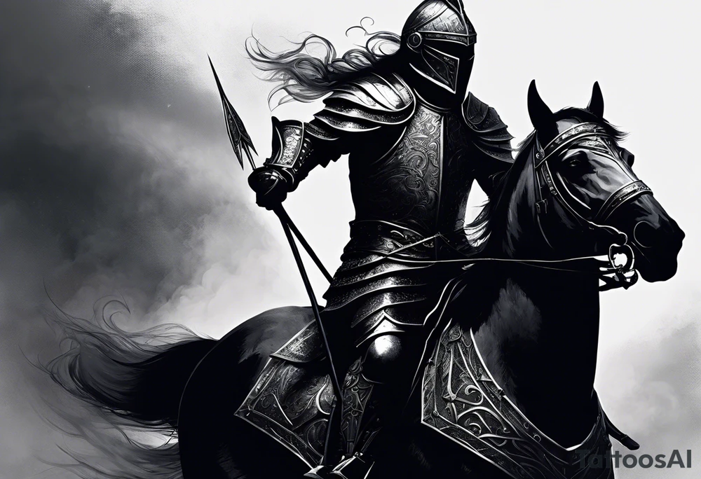 Dark art of the first horseman of the apocalypse. Wearing iron armor with a crown-shaped helmet, carrying a bow and arrows in one hand, he rides a white horse that is strong and slender, wearing shiny ornaments on his face. The horseman's face cannot be seen, as it is obscured by the darkness and fog in the image. tattoo idea