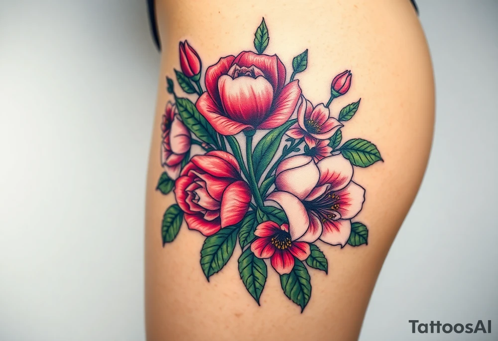 Realistic roses tulips and lilies 
and leaves with embellishments tattoo idea