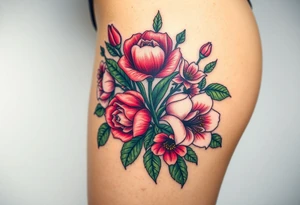Realistic roses tulips and lilies 
and leaves with embellishments tattoo idea