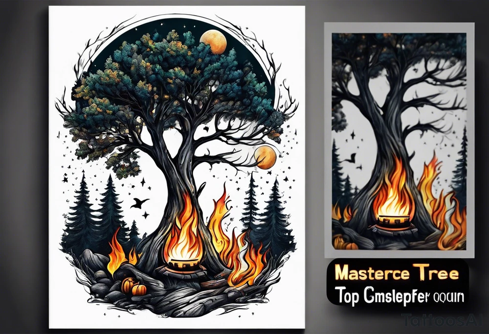 design moon tree campfire. playing the guitar tattoo idea
