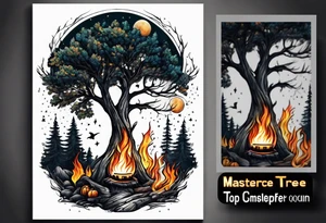 design moon tree campfire. playing the guitar tattoo idea