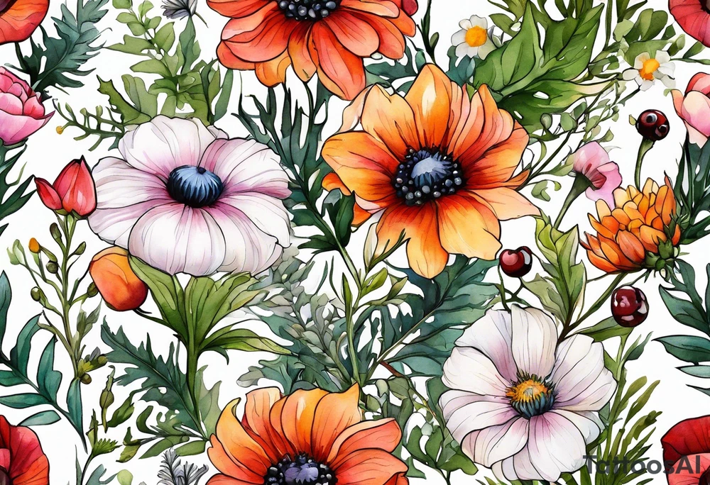 wildflowers with thistles, ferns, white anemones, sun flowers, orange flowers, green flowers, pink flowers, red flowers, berries and all in watercolor tattoo idea