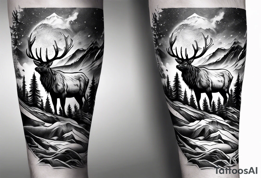 Arm sleeve with a mountain and elk tattoo idea