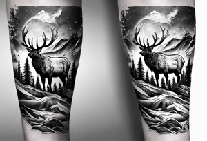 Arm sleeve with a mountain and elk tattoo idea