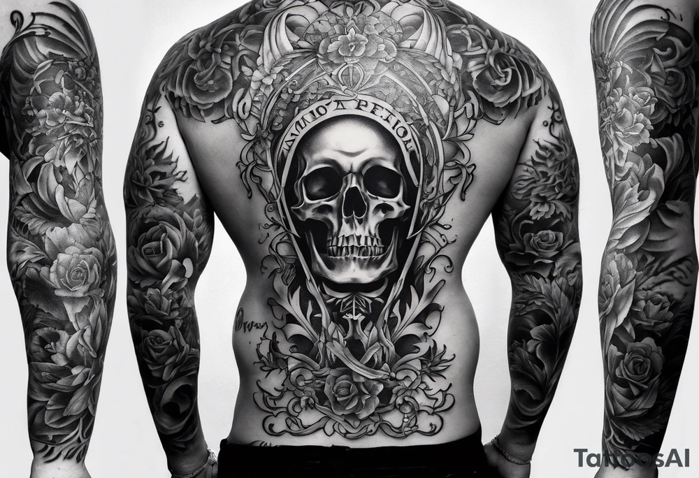 back tattoo with the word momento mori included plus two hands coming together. One skeleton the other real. would also like a sword/something similar going down my spine tattoo idea