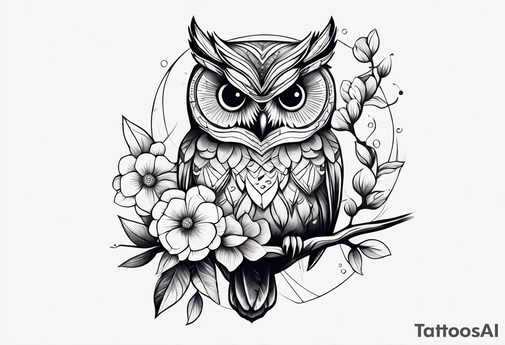 Owl on branch that wraps around arm with flowers and hummingbird tattoo idea