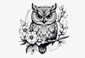 Owl on branch that wraps around arm with flowers and hummingbird tattoo idea
