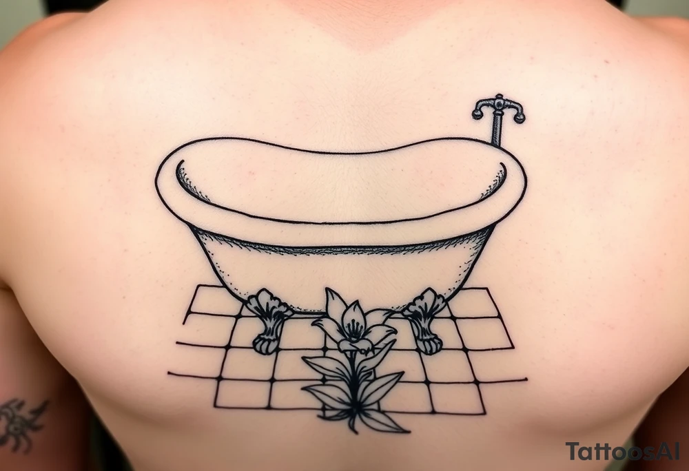 clawfoot bathtub on a tile floor and lily coming up out the floor tattoo idea